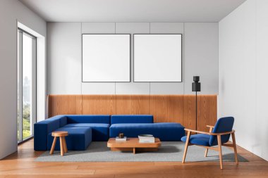 Contemporary living room interior with blue furniture, wooden paneling, and two square poster mockups on light wall. 3D Rendering