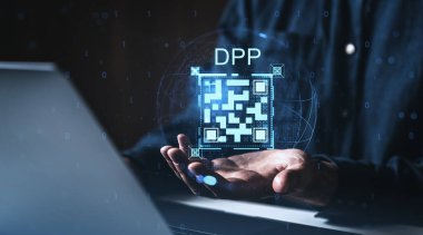 Man holding glowing QR code symbolizing digital product passport concept, futuristic style, in front of dark tech background with abstract binary code