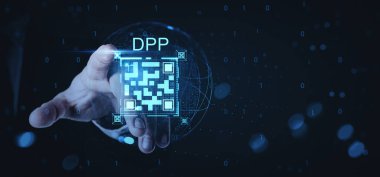Human hand touching digital QR code labeled DPP in futuristic style with glowing tech elements on dark background, concept of digital product passport