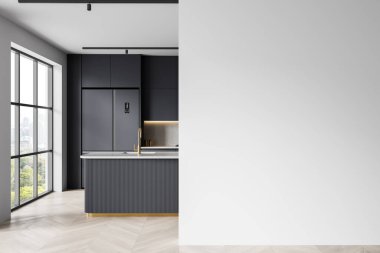 Geniş pencereli çağdaş mutfak iç mimarisi ve poster ya da sanat tasarımı için boş beyaz duvar, minimal lüks apartman tarzı, 3D