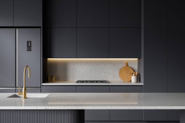 Tarafsız bir arka planda mat gri dolap, terrazzo yüzeyler, altın musluk ve ortam aydınlatma ile modern mutfak iç tasarımı. 3B Hazırlama