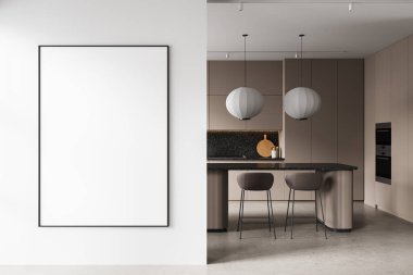 Stylish kitchen interior with large blank poster frame on white wall, modern furniture and pendant lights, minimalist layout concept. 3D Rendering