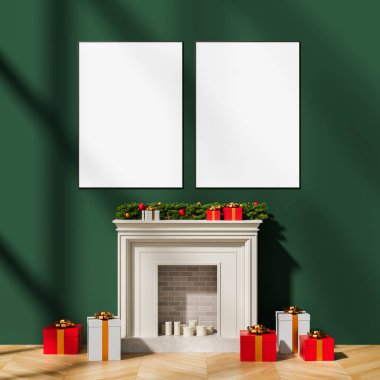 Bir şöminenin üzerinde iki boş çerçeve, şenlikli çelenk ve hediye kutuları, yeşil duvar arkaplanı, 3D tasarım, konsept