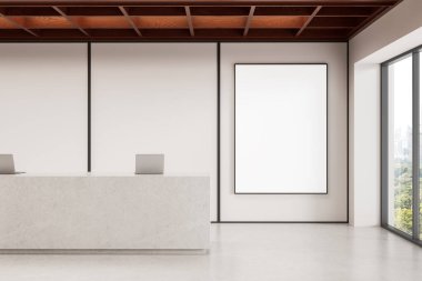 Minimalist reception room with blank vertical poster mockup on light wall, marble desk, wooden ceiling, large window, daylight office concept. 3D Rendering