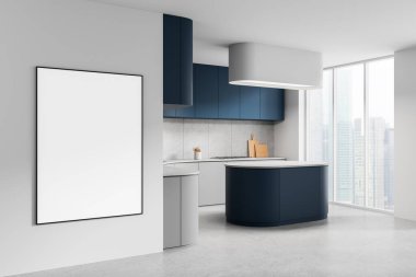 Contemporary kitchen interior with large vertical poster mockup on wall, minimalistic style, bright city view background. 3D Rendering