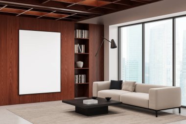 Minimalist living room with large vertical poster mockup on wood-paneled wall, beige sofa, and dark table, concept of modern home design. 3D Rendering