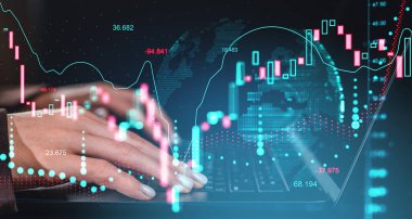Hands on laptop keyboard with digital financial charts, glowing graphical style, dark background, concept of crypto market analysis and trading