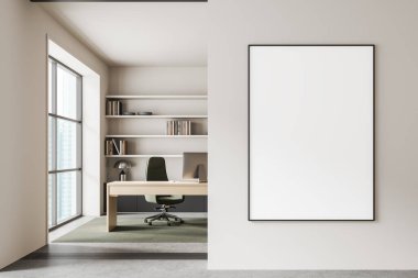 Minimalist office interior with poster mockup on wall, modern design style, bright neutral background, concept of workspace and template display, 3D Rendering