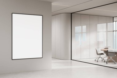 Vertical blank poster mockup on wall inside modern office interior, clean realistic style, white background, concept of corporate branding design, 3D Rendering