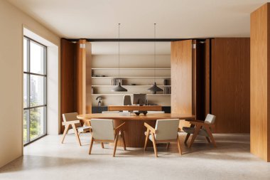 Minimalist office interior with wooden desk, chairs, and shelves, modern design style, bright neutral background, concept of contemporary workspace. 3D Rendering