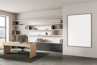 Contemporary office interior with wooden desk, wall shelves, books, and a large blank poster mockup on white wall, minimal design concept. 3D Rendering