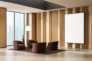 Interior of elegant lounge with blank poster mockup on wood wall, modern chairs, soft light, clean background. Concept of luxury office design. 3D Rendering