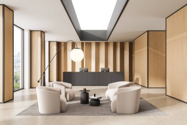 Contemporary office reception with beige chairs, dark tables, and wooden panel walls in a minimalistic setting under skylight ceiling. 3D Rendering