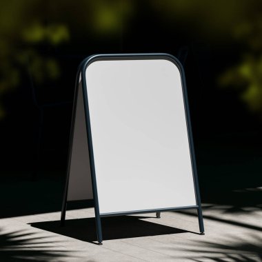 Empty A-frame sidewalk sign with rounded corners and dark metal frame standing on sunlit pavement, outdoor branding or advertisement concept. 3D Rendering
