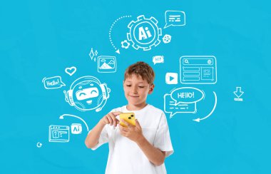 Smiling boy using smartphone with doodle-style tech, chatbot, and communication icons on blue background, symbolizing kid digital learning and tech concept