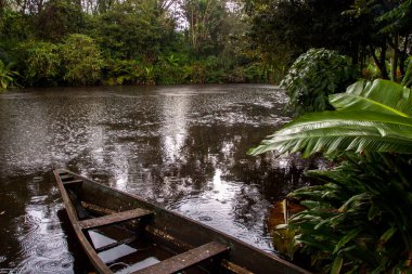 Çiselemeli ve tekneli Afrika gölü manzarası