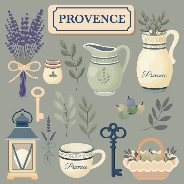Provence tarzında iki illüstrasyon, Fransız kırsal tasarımının elementlerini içeriyor. 