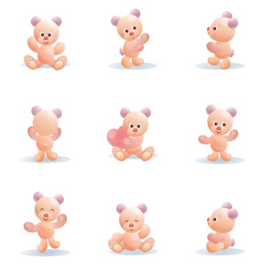 Bu koleksiyonda her biri eşsiz bir poz verilmiş, beyaz bir arka plana yerleştirilmiş hoş bir oyuncak ayı seti var.