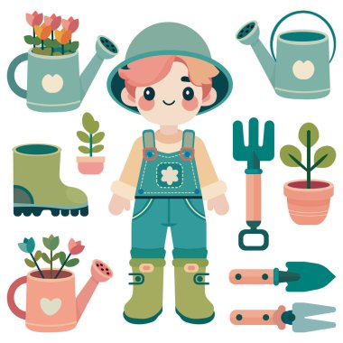 Cute cartoon gardener in boots and hat, surrounded by tools watering can, pots with plants, shovel, rake, flowers and gloves.