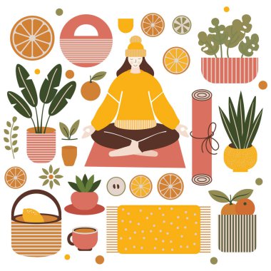 Yoga ve meditasyon yapan bir kız. Bitkiler, turunçgiller ve ılık doğal tonlarla çevrili. İlham verici atmosfer, doğa ve konfor unsurlarının birleşimi, uyumu ve özgüveni vurgular..
