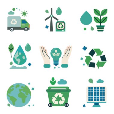 Dünya Günü 'ne adanmış bir dizi vektör çizimi. Set çevre projeleri, sürdürülebilirlik kampanyaları ve eğitim materyalleri için ideal..