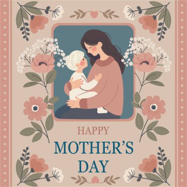 Anneler Günü İllüstrasyonu Anne ve Çocuğu Seven Sarılma
