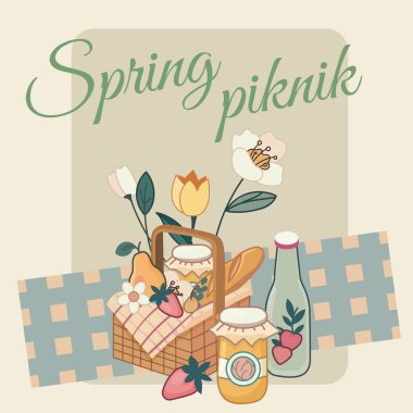 Çiçekler, reçel, meyve ve cam bir şişe içeren el yapımı bir piknik sepetinin yer aldığı sevimli bahar temalı poster, hepsi yumuşak bir pastel renk paletinde resmedilmiş..