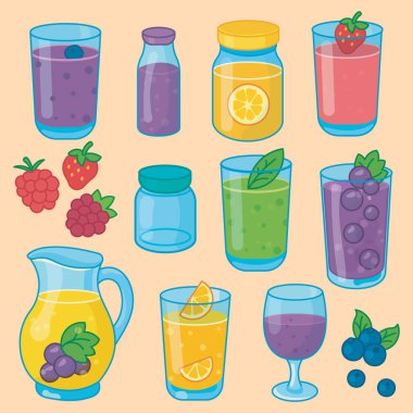 Çeşitli karikatür meyve püresi ve meyve suyu çizimleri.