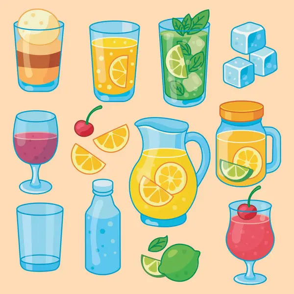 Renkli karikatür yaz içecekleri ve malzemeler çizimi.