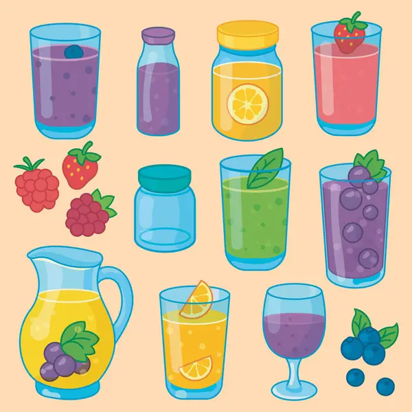 Çeşitli karikatür meyve püresi ve meyve suyu çizimleri.