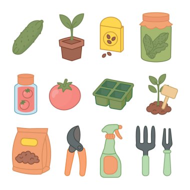 Bahçıvanlık aletleri, üretim ve korunmuş gıda çizimleri. Bahçeden masaya.