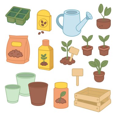Bahçe aletleri ve malzeme örnekleme seti. Ekme ve yetiştirme elementleri