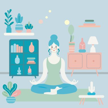 Sakin, bitki dolu bir odada meditasyon yapan bir kadın..