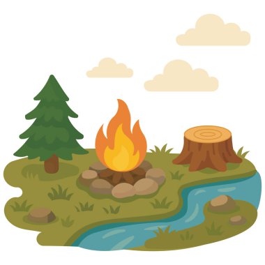 Ağaçlı ve kütüklü bir derenin yanında kamp ateşi.