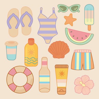 Plaj ve seyahat için renkli yaz simgeleri.