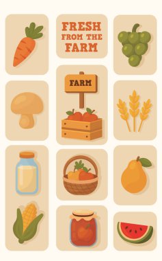 Çeşitli tarım ürünleri içeren dikey poster.