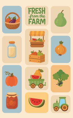 Üretim simgeleriyle dikey kart tasarımları.