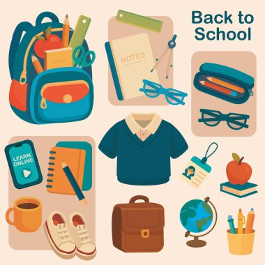 Çeşitli okul öğeleri ürün yelpazesine.