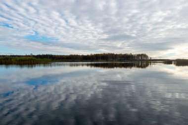 dramatik, zıt gökyüzü gölün yüzeyindeki yansımalarla ufuktaki karanlık ağaç siluetleri, sonbahar