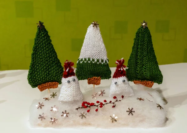 Knitted Trees Gnomes Knitted Christmas Decorations Waiting Christmas Advent Decorations — Stock Photo, Image