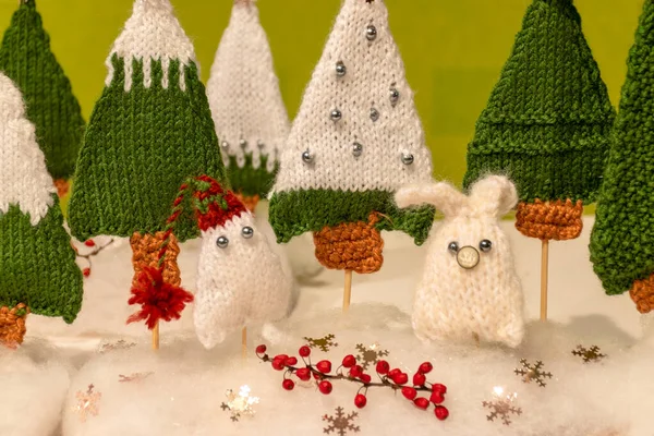 stock image knitted trees and gnomes, knitted Christmas decorations, waiting for Christmas, advent decorations, needlework, knitting