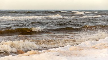 Deniz kıyısından kış manzarası, deniz kıyısında uzanan buz parçaları, kum tepelerinde kum ve buz dokusu, Baltık Denizi, kışın Letonya
