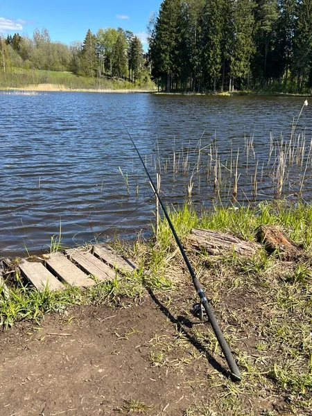 湖で釣りをするには素晴らしい春の日 白い雲が湖の表面に反映され 春の最初の緑 湖の背景に魚の貯蔵ネット 趣味として釣り — ストック写真