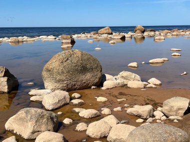 Güneşli deniz manzarası, mavi gökyüzü, deniz kıyısında birçok taş, Vidzeme kayalık kıyısı, Letonya