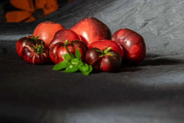 Karanlık Arka Planda Renkli Sulu Sağlıklı Domatesler Lezzetli Sağlıklı Beslenme — Stok fotoğraf