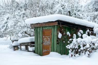 Kışın bahçe, karla kaplı, meyve ağaçları, bahçe evi ve bahçe aksesuarları, kışın küçük bahçe.