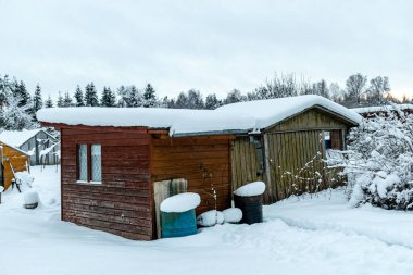 Kışın bahçe, karla kaplı, meyve ağaçları, bahçe evi ve bahçe aksesuarları, kışın küçük bahçe.