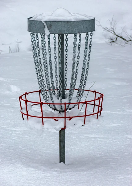 Disk golf parkı, karla kaplı ağaçlar ve ağaç dalları, kış günü, kar kaplı golf arabası.