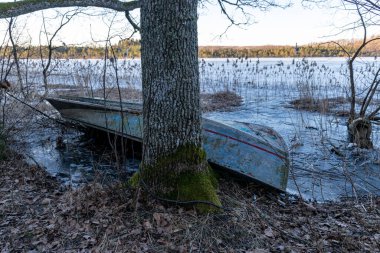 Bahar sabahı, akşam, bataklık gölü kıyısı, göl kıyısında terk edilmiş tekneler, kışın sonları, doğanın ilk baharları.