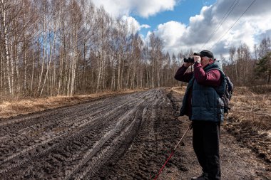 Bahar manzarası çamurlu bataklık, orman yolu, bahar, ıslak yoldaki yalnız gezgin, bahar